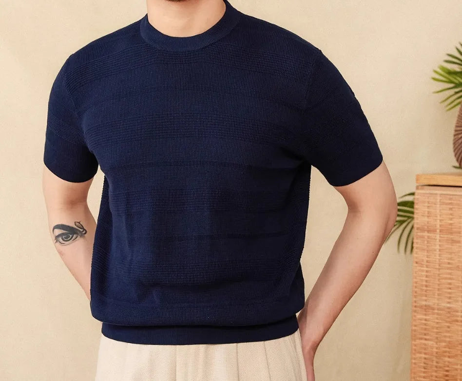 Men's casual cotton short sleeve t-shirt in off-white and royal blue colours showing round neck design