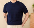 Men's casual cotton short sleeve t-shirt in off-white and royal blue colours showing round neck design