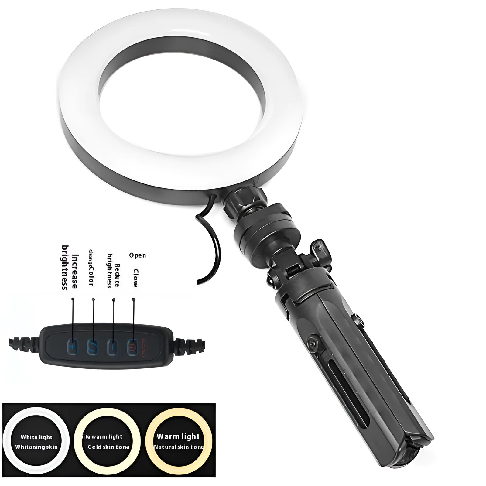 Black desktop mobile phone bracket with adjustable colour fill light and flexible gooseneck arm