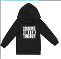 Boys' black and white hooded cotton sweater with letter pattern, long sleeves, and pullover design