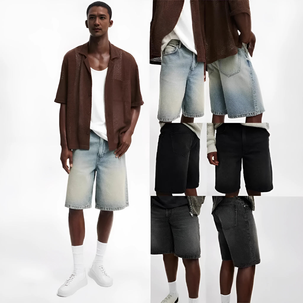 Men's loose fit straight leg jeans in light blue cotton denim for summer street style wear