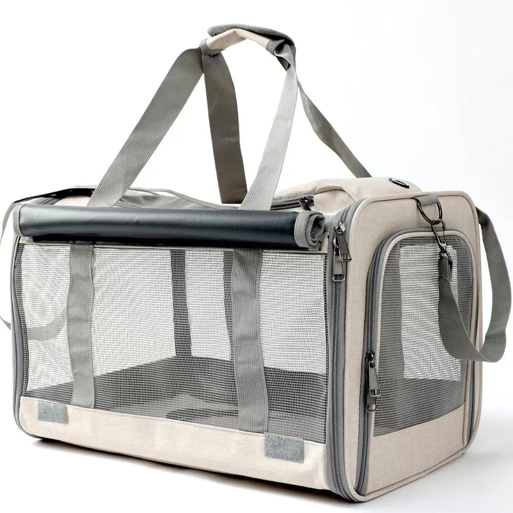 Beige portable pet carrier bag for dogs and cats with breathable mesh sides and top handle