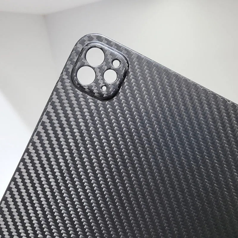 Real carbon fibre hard protective case for Apple iPad Pro 11 inch with embossed plaid design.