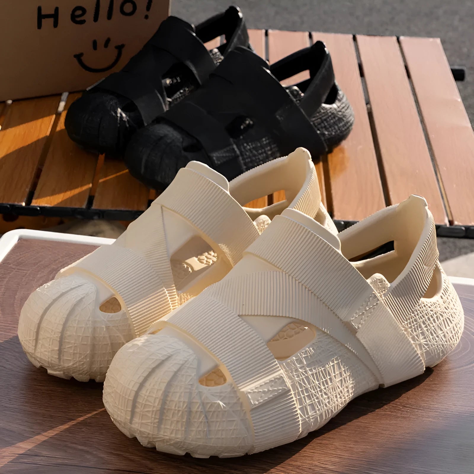 Men's non-slip deodorant EVA sandals in khaki with PU upper on a wooden floor
