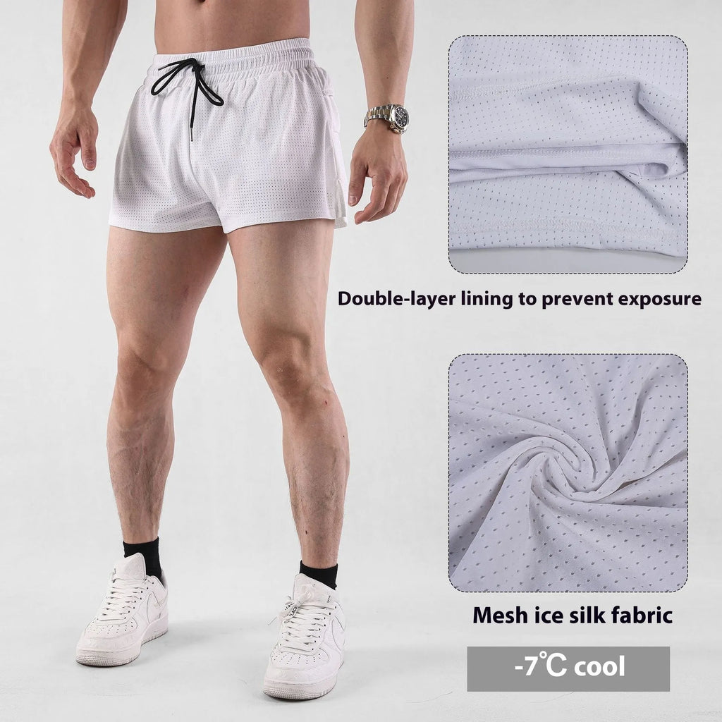 Men's white quick-drying nylon summer shorts laid flat, showing mid-waist design.