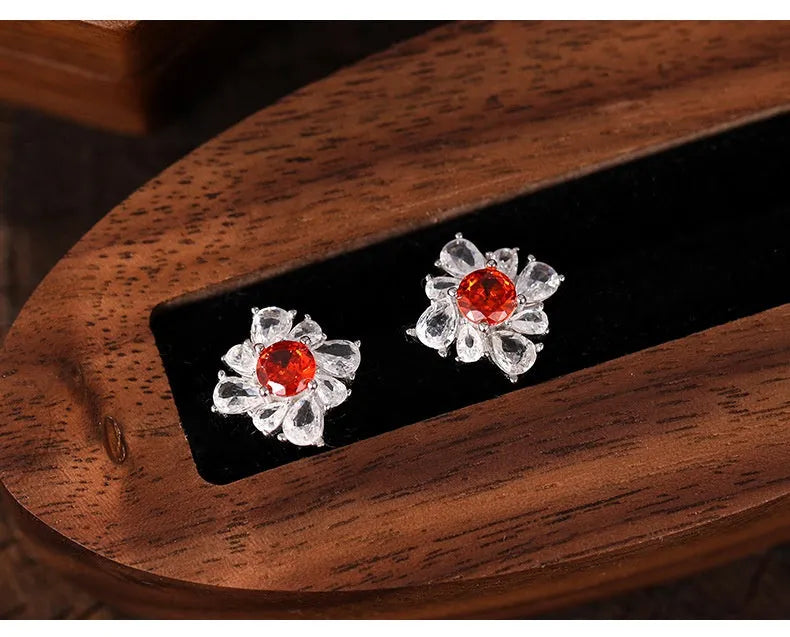 Women's retro pigeon red sterling silver earrings with geometric U-shaped design and diamond temperament styling