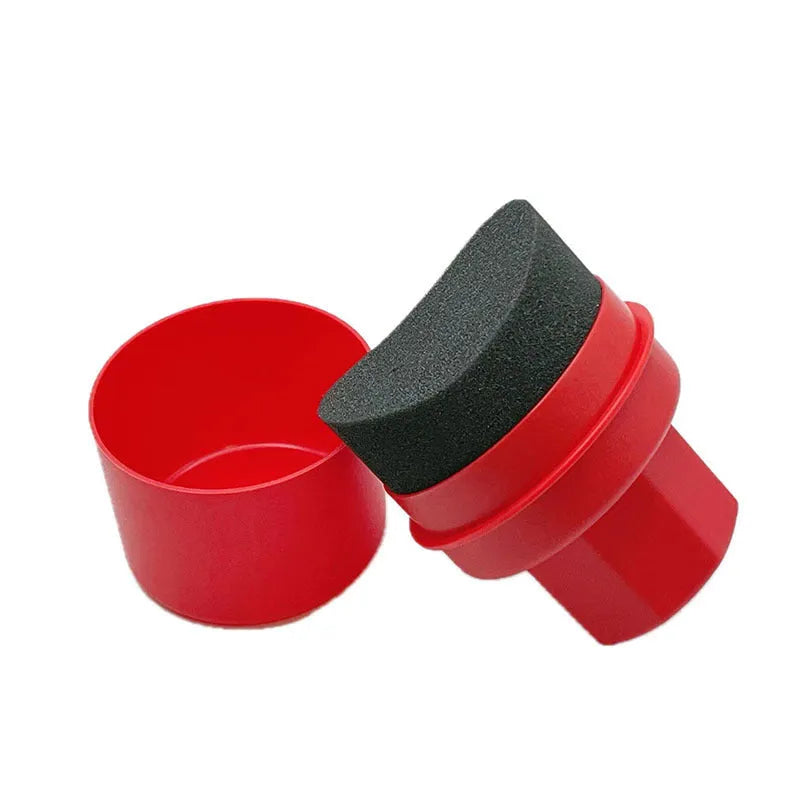 Black car tyre polishing sponge brush with high-density foam head and a white protective lid on a tyre.