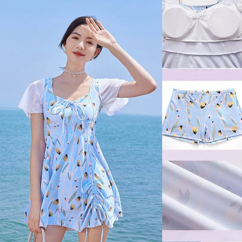 Women's floral pattern one-piece swimsuit in sea salt blue colour