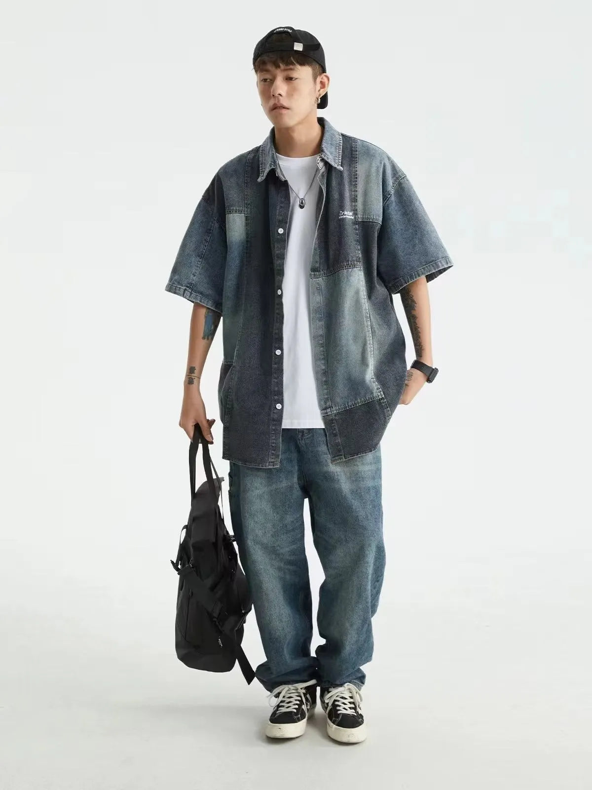 Men's blue Japanese-style retro denim shirt with washed stitching and loose cardigan fit