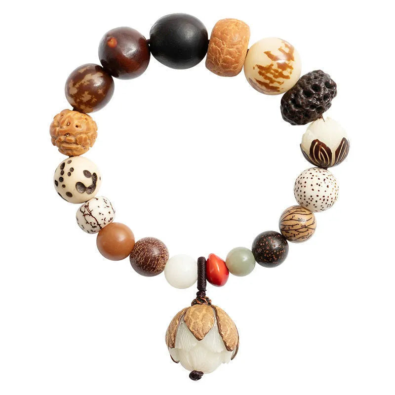 Women's 18-seed Bodhi bead bracelet with elastic cord and geometric design