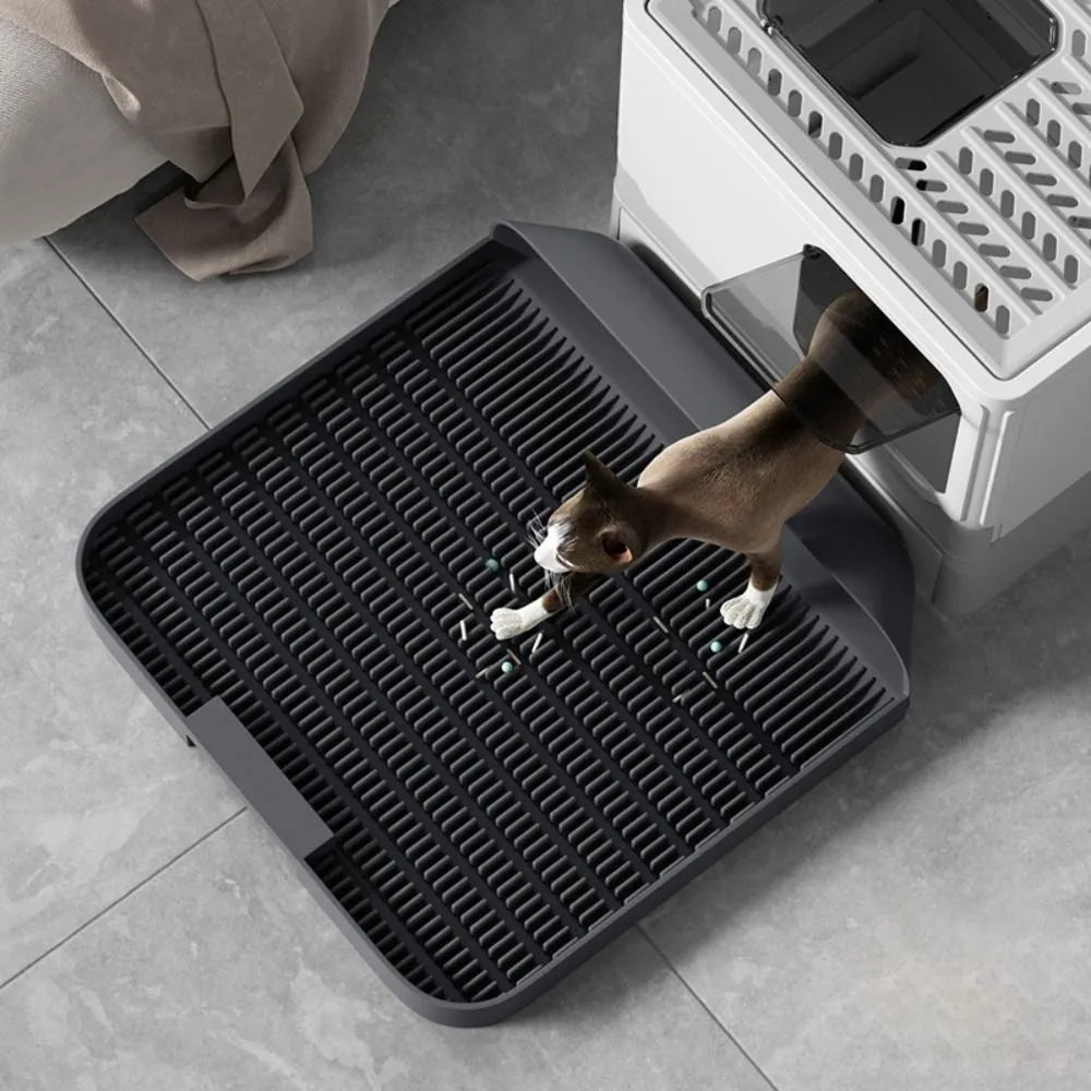 Large black cat litter pedal with slanted mouth design and non-slip foot pad measuring 37x37cm