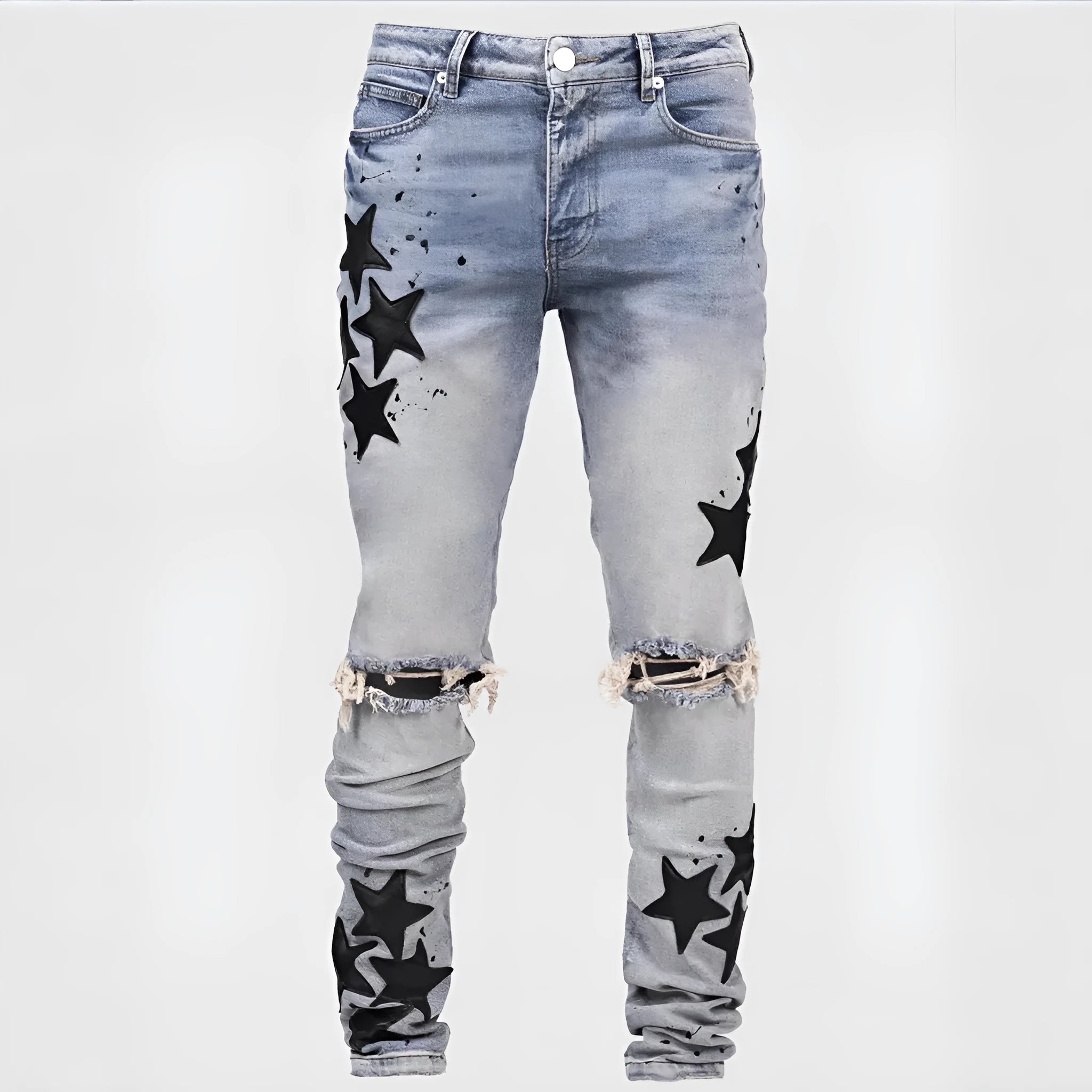 Men's slim stretch blue jeans with embroidery detail on denim fabric.
