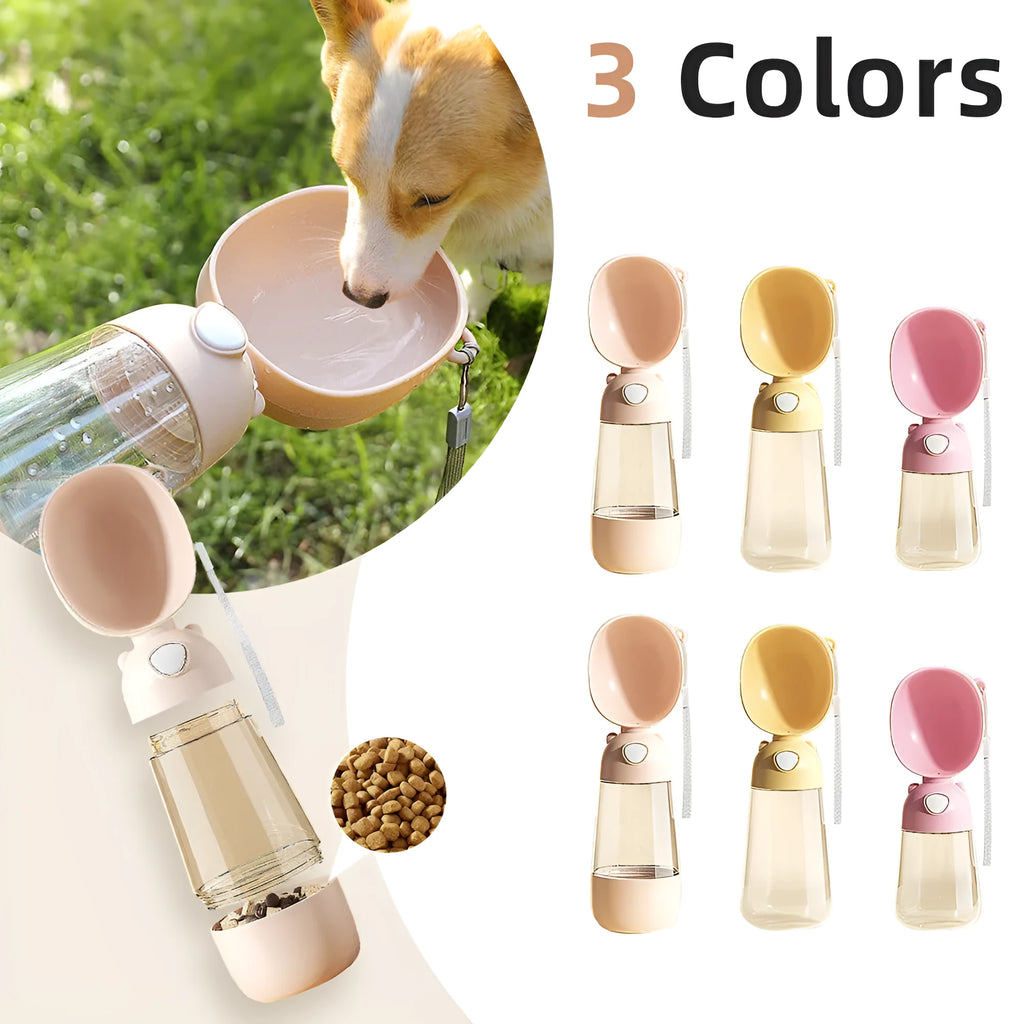 Portable dog water bottle and feeder bowl in brown, pink, or yellow colours.