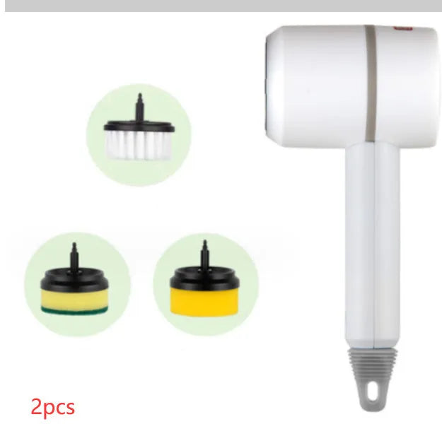 Green electric cleaning brush with three interchangeable scouring pad, brush, and sponge heads on a white background.