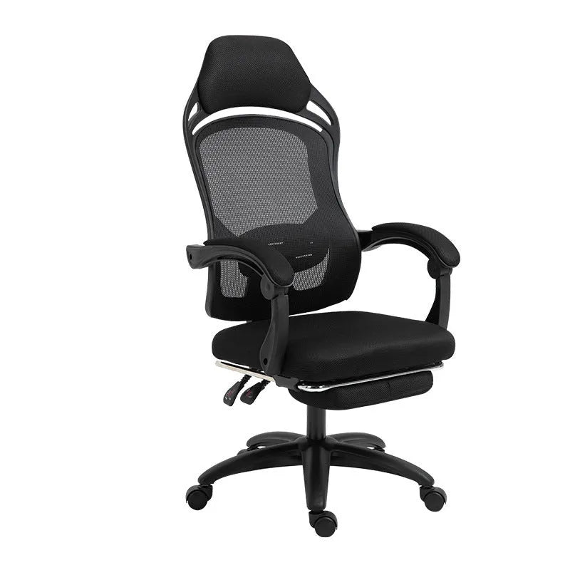 Black ergonomic computer gaming chair with linkage armrests and nylon wheels
