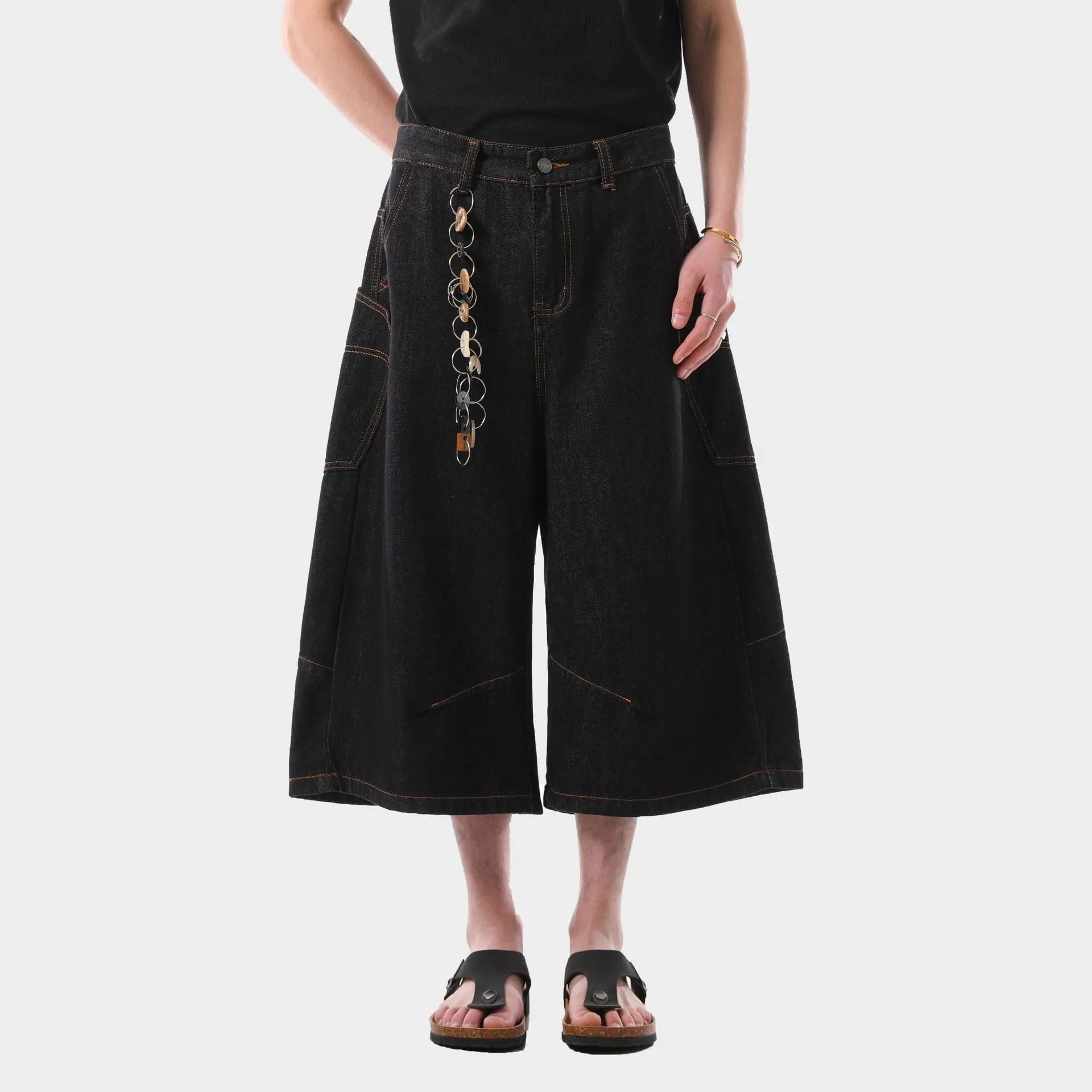 Black retro washed denim cropped pants for men with side pockets and straight leg