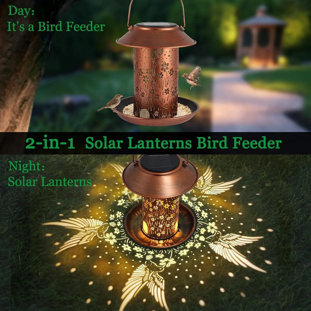 Solar powered iron art bird feeder with hummingbird pattern decoration and integrated LED lighting