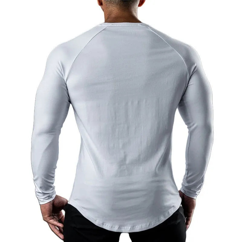 Men's tight-fitting long sleeve cotton sports T-shirt in multiple colours on a size chart.