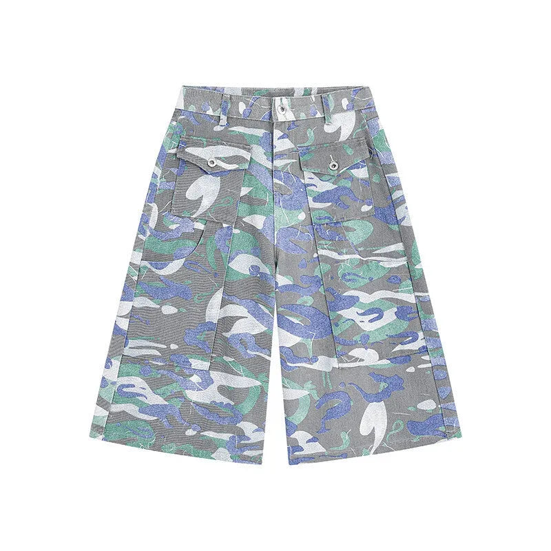 Men's camouflage green cotton cargo trousers with a straight cropped leg and a cargo pocket.