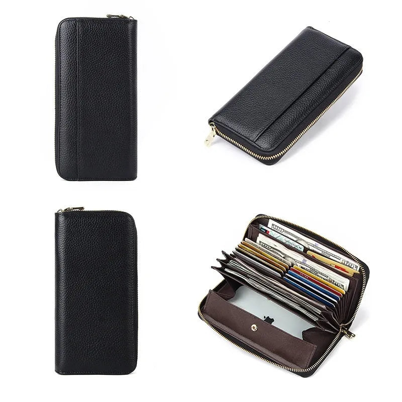 Genuine leather long wallet in black, showing large-capacity design and card slots.