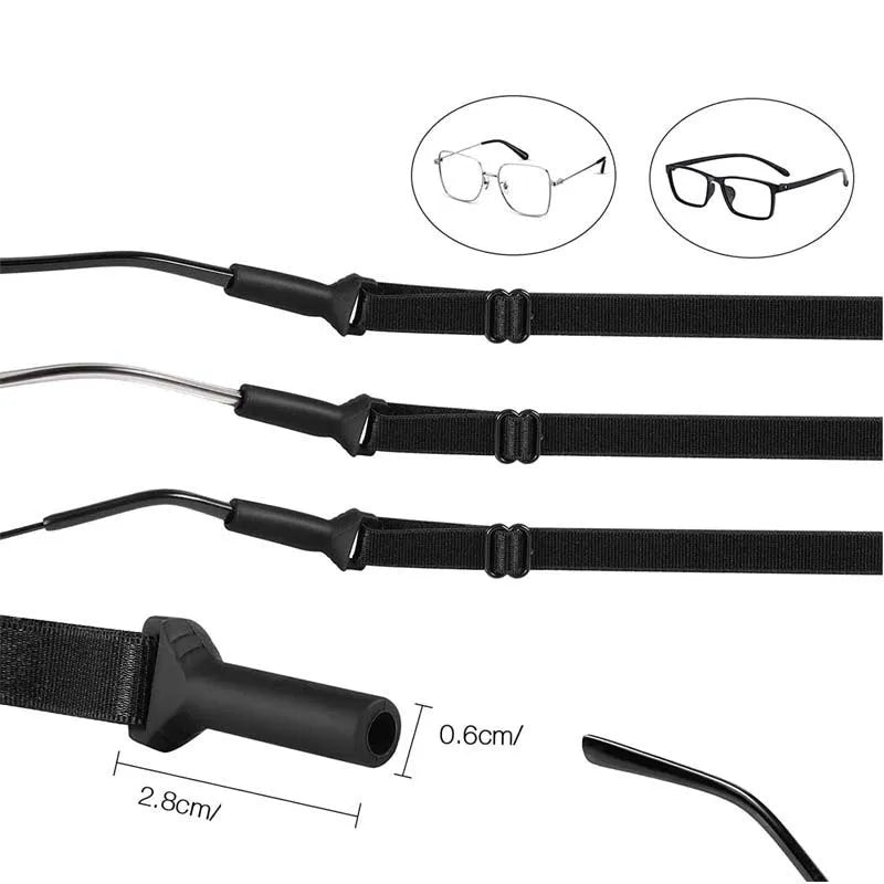 Black adjustable glasses cord with silicone earpiece rope in adult and children's style options