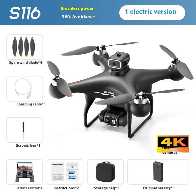 Black HD version of a compact brushless motor UAV drone with four-side obstacle avoidance sensors and a dual camera.