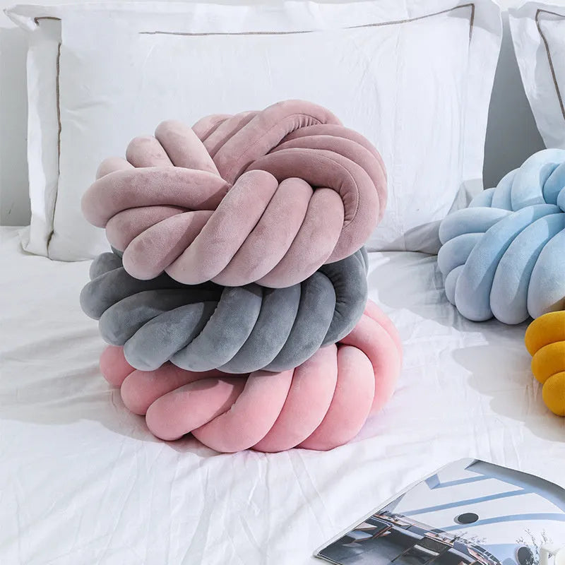 Square Nordic cushion with knotted ball design in plush velvet, 35 cm decorative pillow