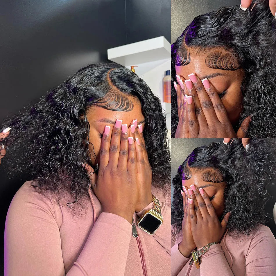 Short Brazilian human hair curly bob wig with lace front, 10A quality, natural black colour