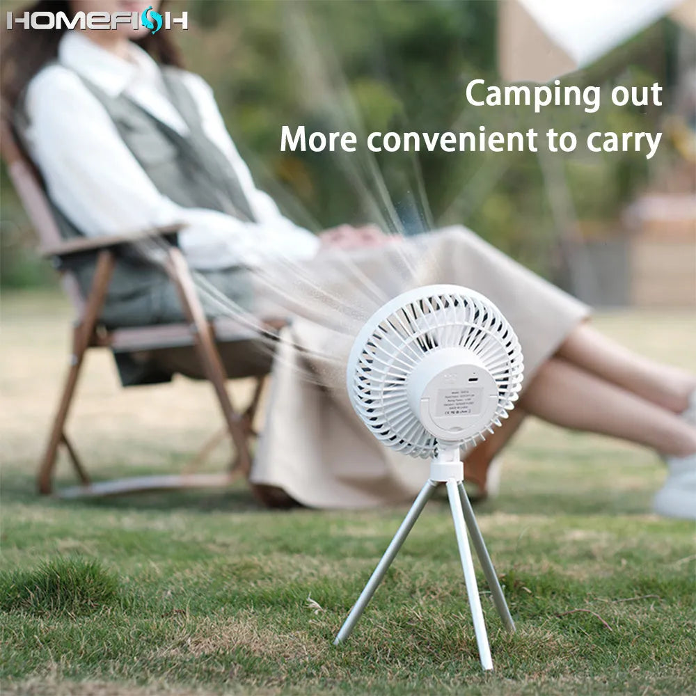 White tripod camping fan on a desk, with USB cable and adjustable speed dial