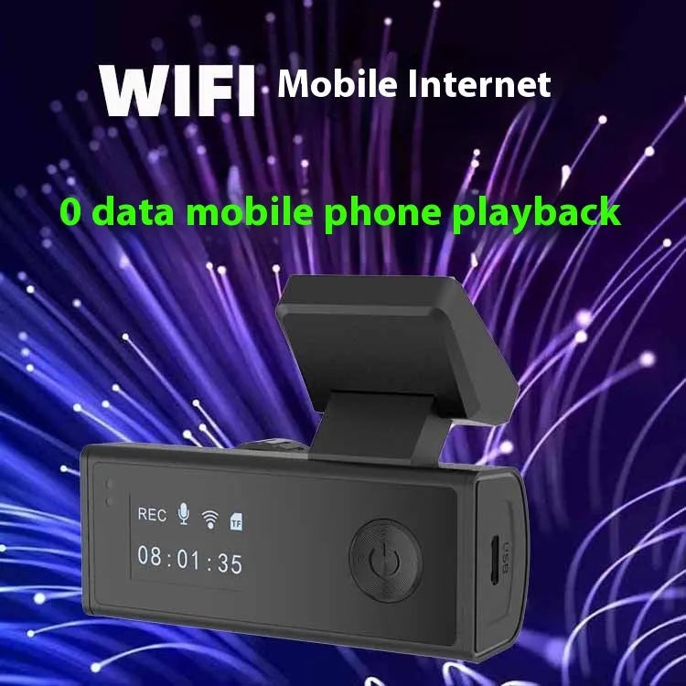 Black WIFI connected dashcam with touch screen and wide-angle lens for car recording