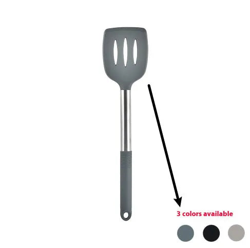 Black silicone kitchen utensil set with 12 tools in a rotating storage bucket on a kitchen countertop