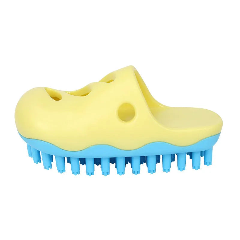 Blue and yellow TPR dog bath massage brush with three head pattern options for pet grooming