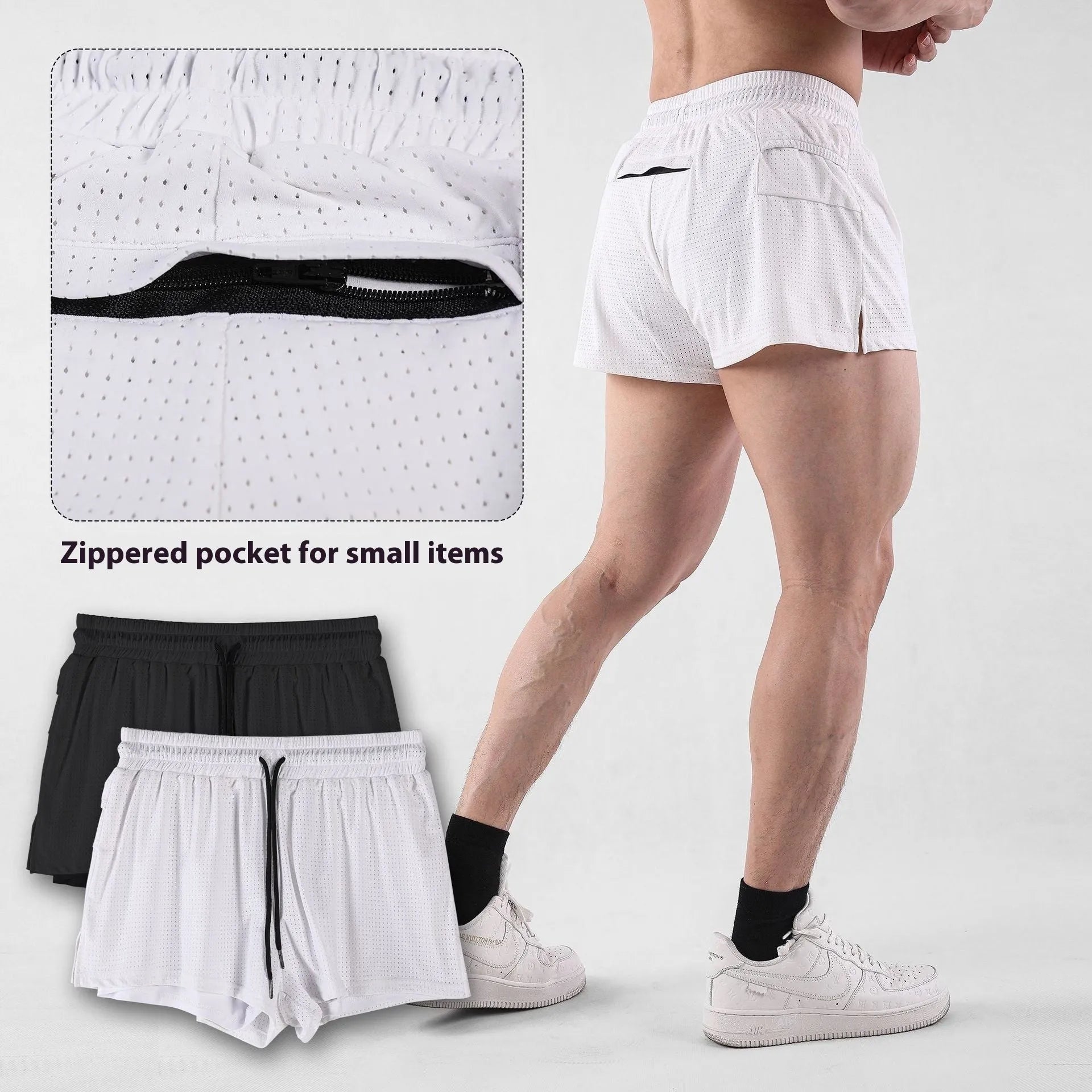 Men's black quick-drying nylon summer shorts on a white background