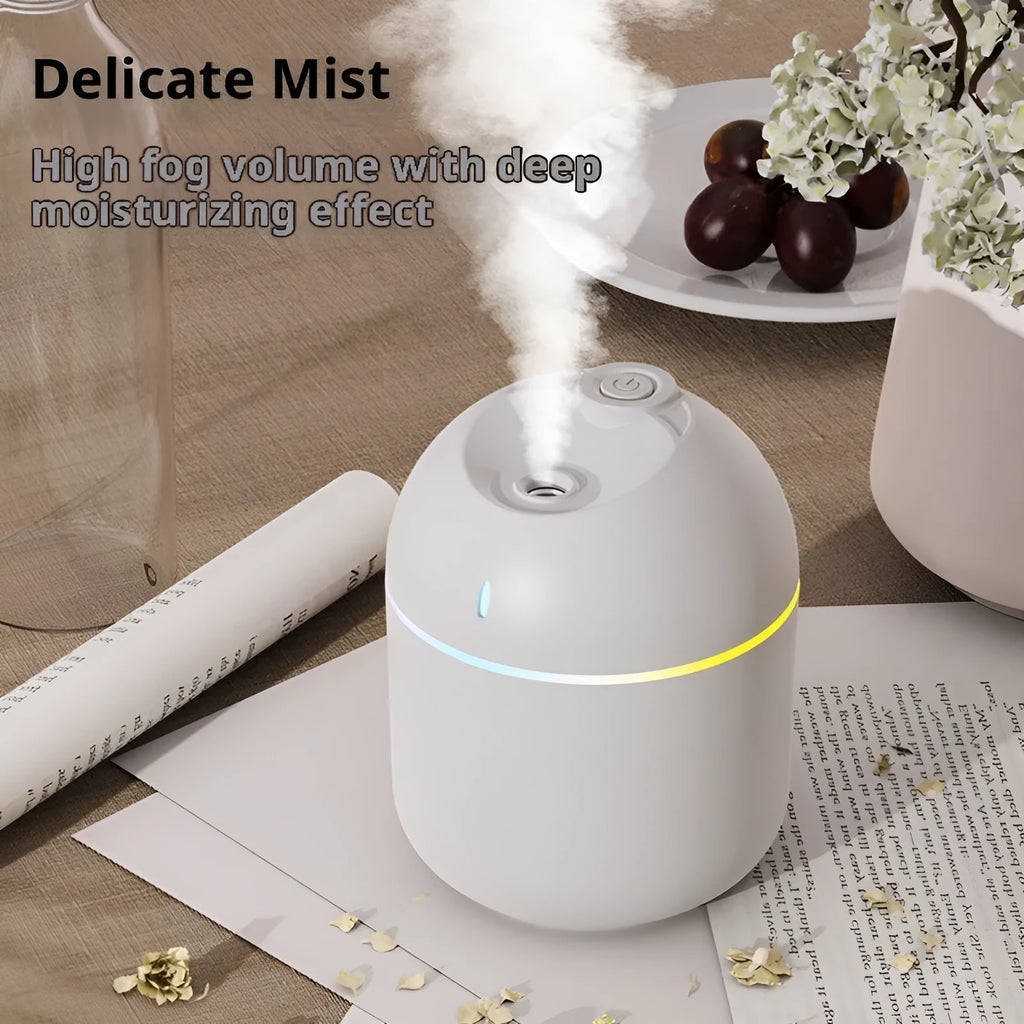 USB plastic humidifier with colour light and water drop spray in white