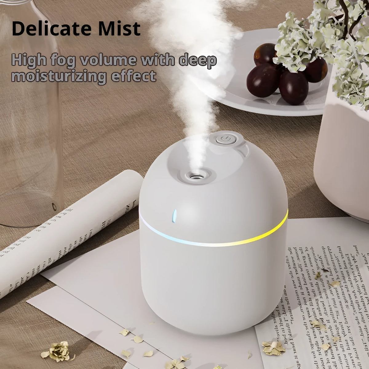 USB plastic humidifier with colour light and water drop spray in white