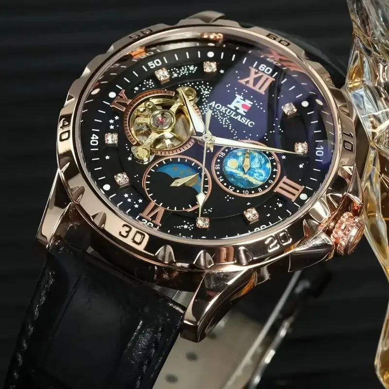 Men's automatic skeleton watch with black dial, rose gold case, and brown leather strap on wrist.