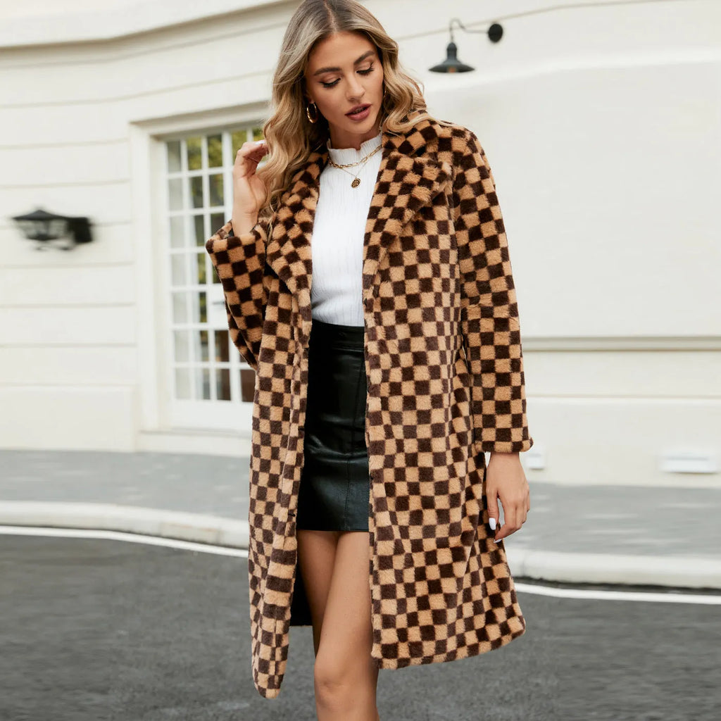 Women's mid-length plaid loose plush coat in brown plaid artificial fur polyester with conventional sleeves and 80cm length