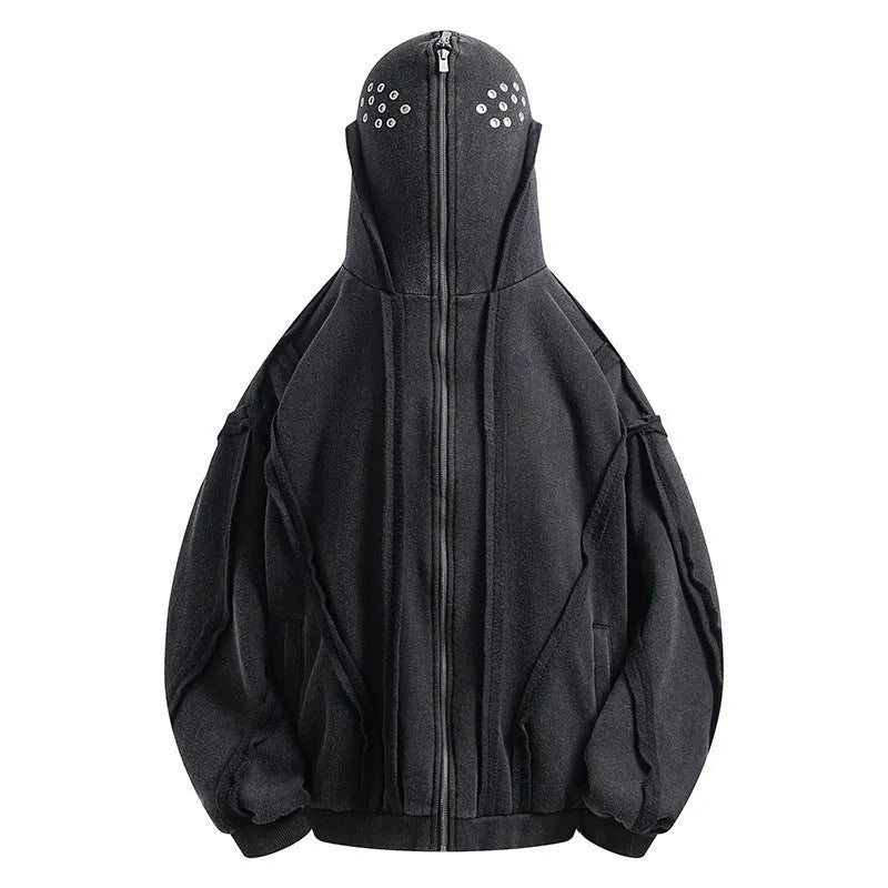 Black cotton padded hooded cardigan coat with zip front and abstract pattern.