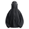 Black loose-fit men's padded hooded coat with an abstract pattern and a front zip.