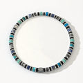 Bohemian bracelet with cylindrical semi-precious stone beads in a hand-woven geometric design.