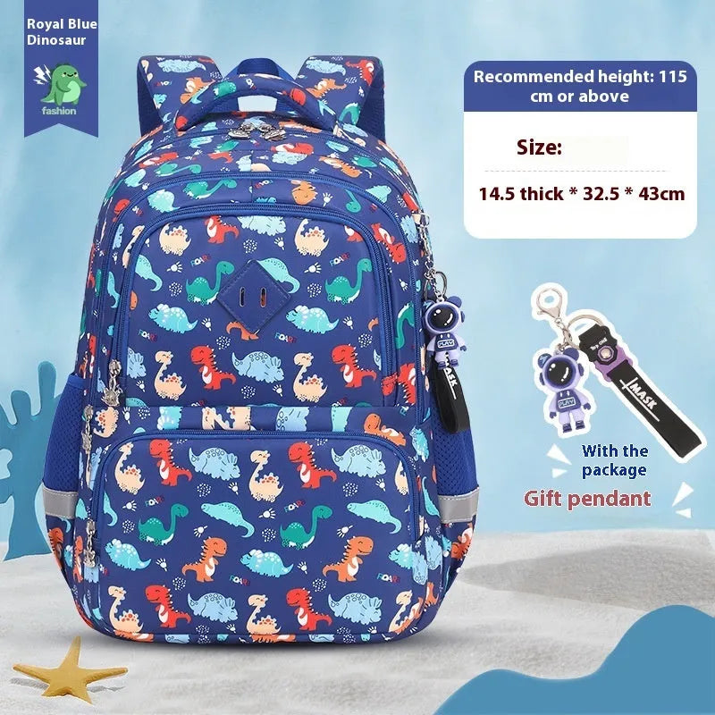 Blue children's waterproof school backpack with dinosaur pattern and curved shoulder straps.