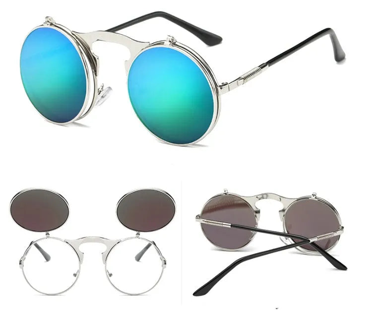 Vintage round steampunk flip-up sunglasses with metal frame, available in multiple colours