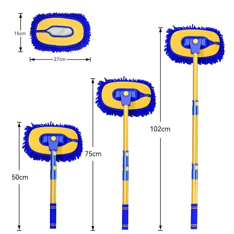 Telescopic curved rod car cleaning brush with chenille wash mop and brush head attachments in blue colour set