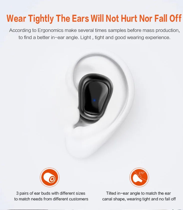 White TWS wireless in-ear sports headphones and compact rectangular charging case on a table.
