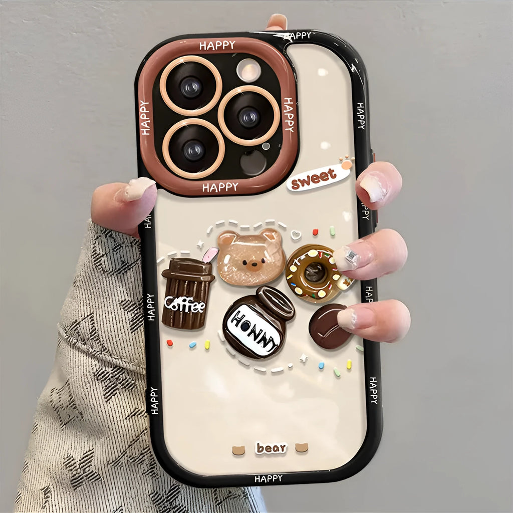 Coffee bear three-dimensional doll pendant drop-resistant silicone phone case for iPhone, cream black colour