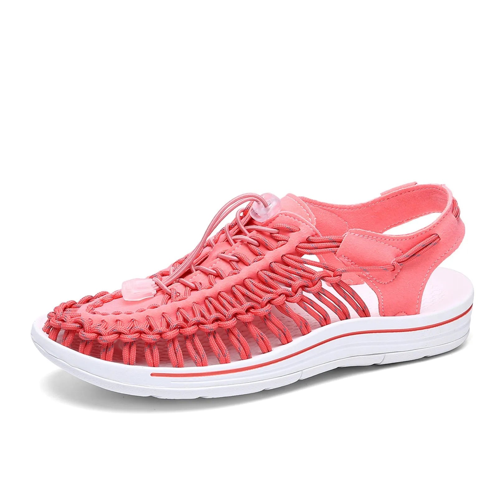 Woven sandals with an elastic drawstring tie closure in a rainbow colour option