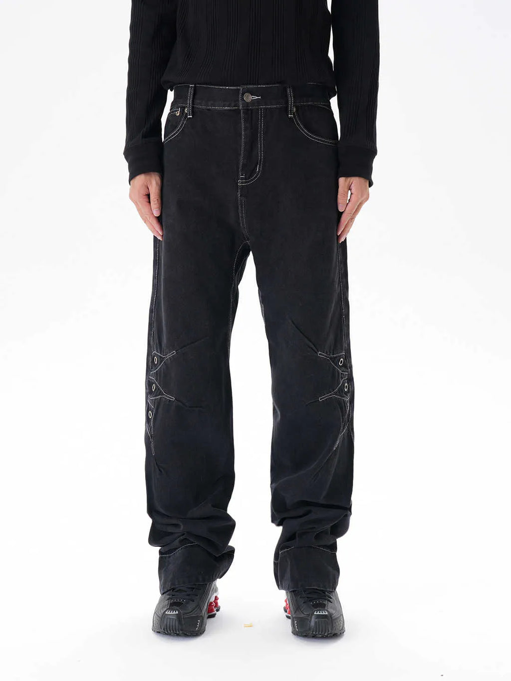 Contrast colour loose machete jeans men black denim wide leg trousers with zip fly