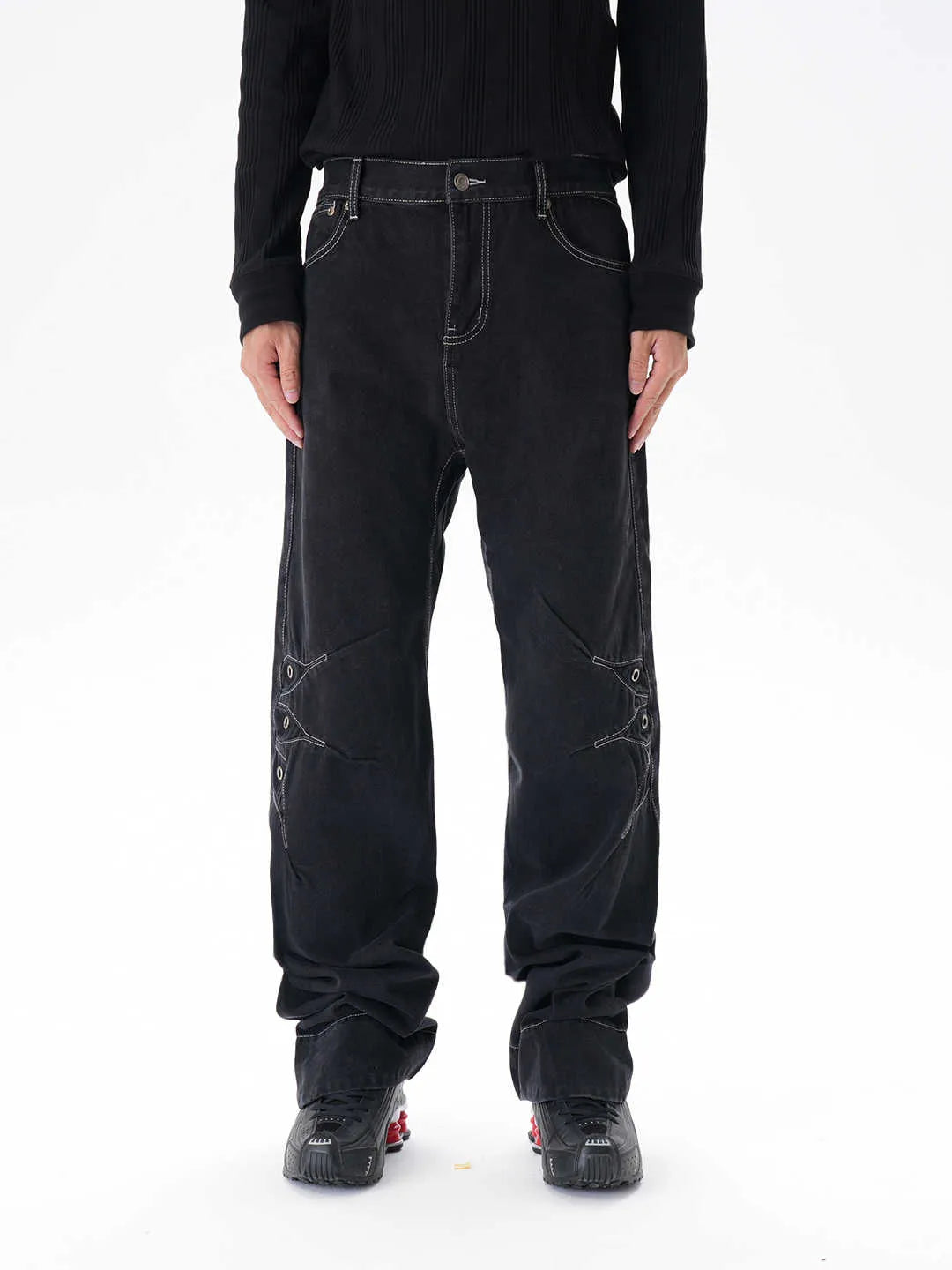 Contrast colour loose machete jeans men black denim wide leg trousers with zip fly