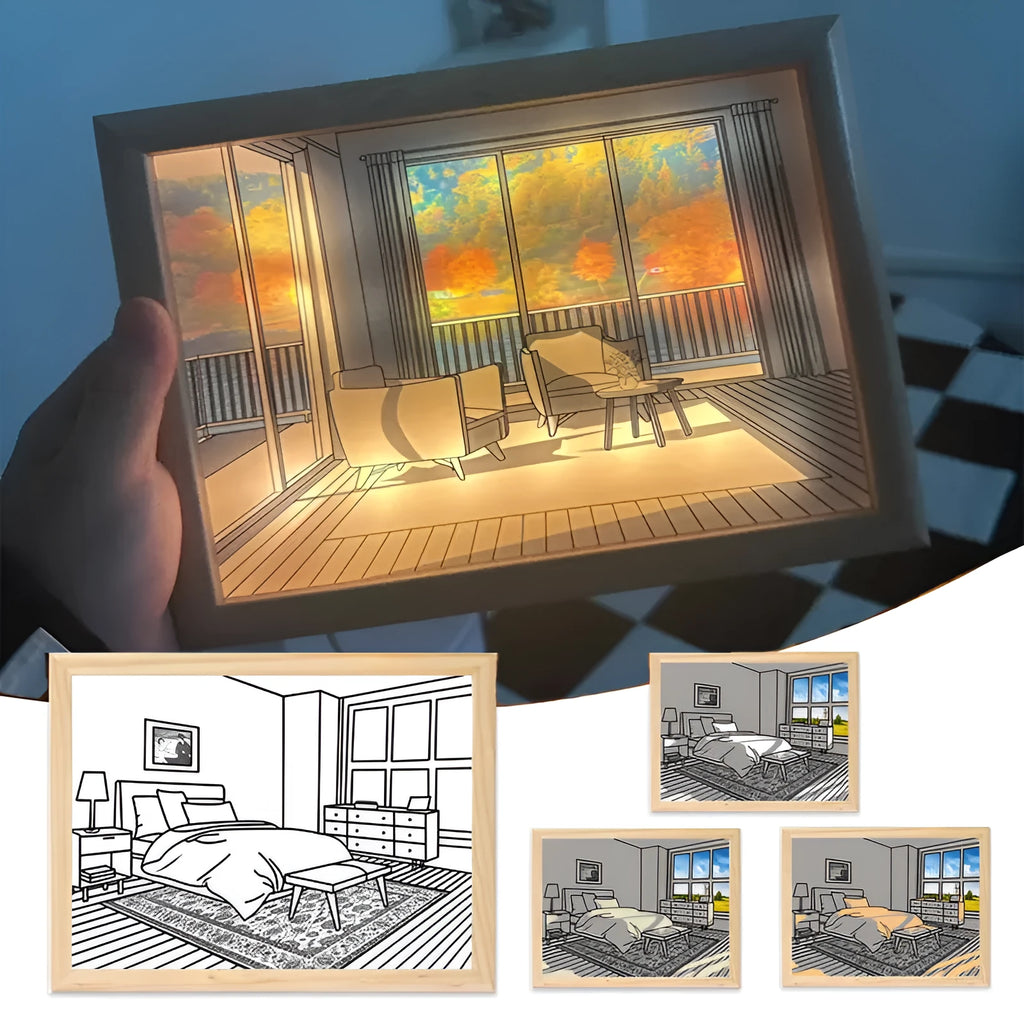 LED decorative light painting on a wood frame showing a scenic image with adjustable backlighting in three colour temperatures.