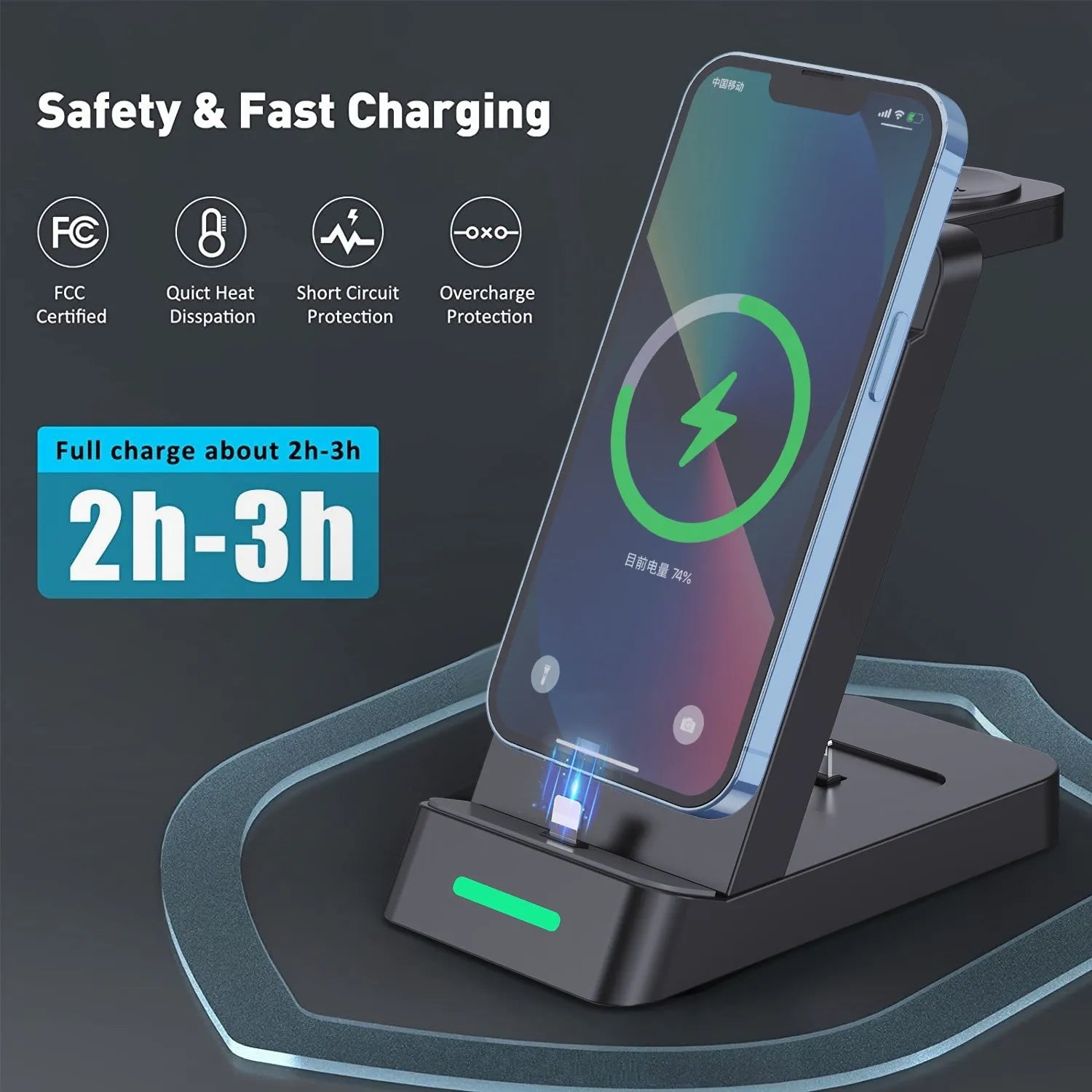Black and white 3-in-1 wireless charging station for phone, AirPods and Apple Watch on a desk.